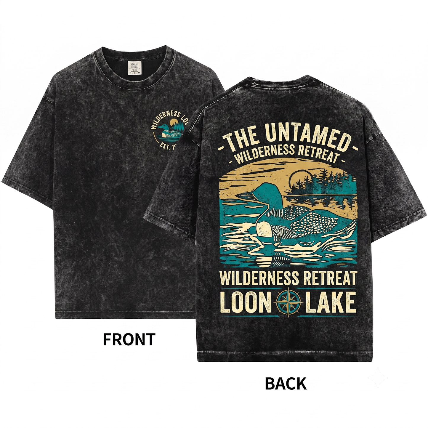 Common Loon Linocut Graphic Tee - Scenic Lake Nature Art Wildlife Bird Lover Gift Unisex Heavyweight Garment-Dyed T-Shirt