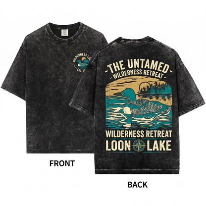 Common Loon Linocut Graphic Tee - Scenic Lake Nature Art Wildlife Bird Lover Gift Unisex Heavyweight Garment-Dyed T-Shirt