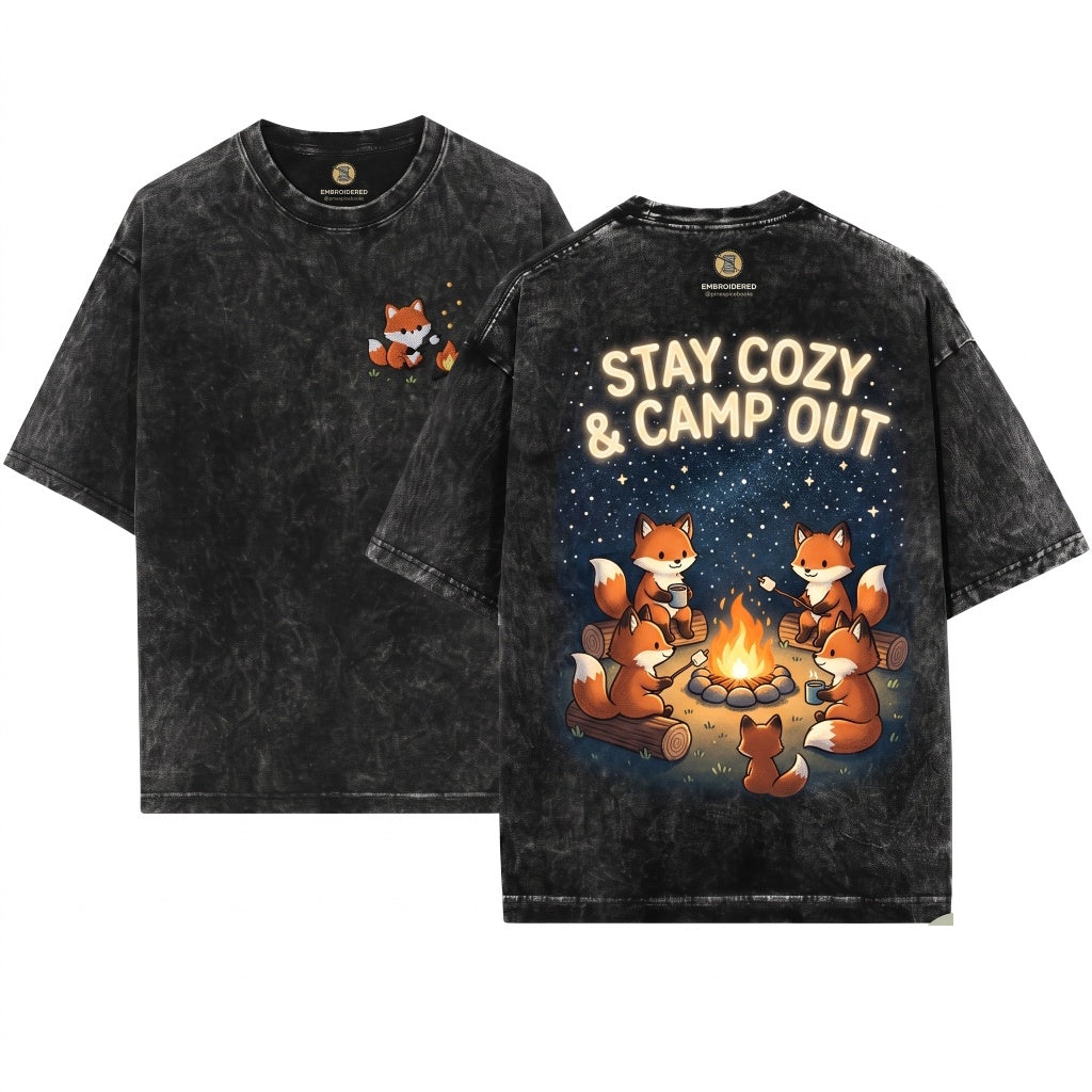 Cute Woodland Campfire Embroidered Fox Camping Unisex Wash T-Shirt