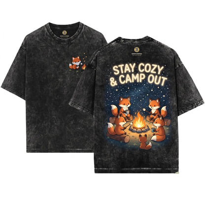 Cute Woodland Campfire Embroidered Fox Camping Unisex Wash T-Shirt