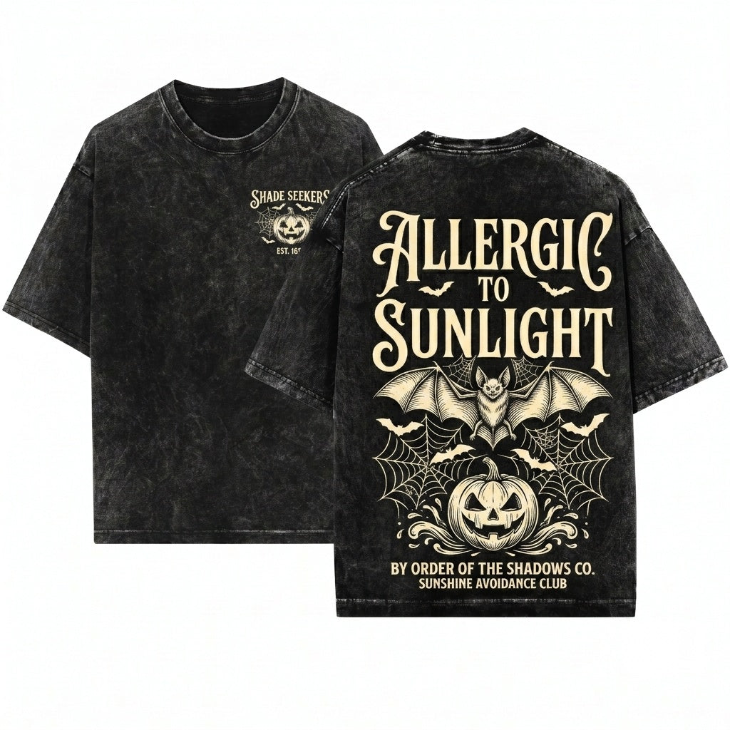 Allergic To Sunlight Funny Gothic Vampire Halloween Spooky Humor Vintage Unisex Wash T-Shirt