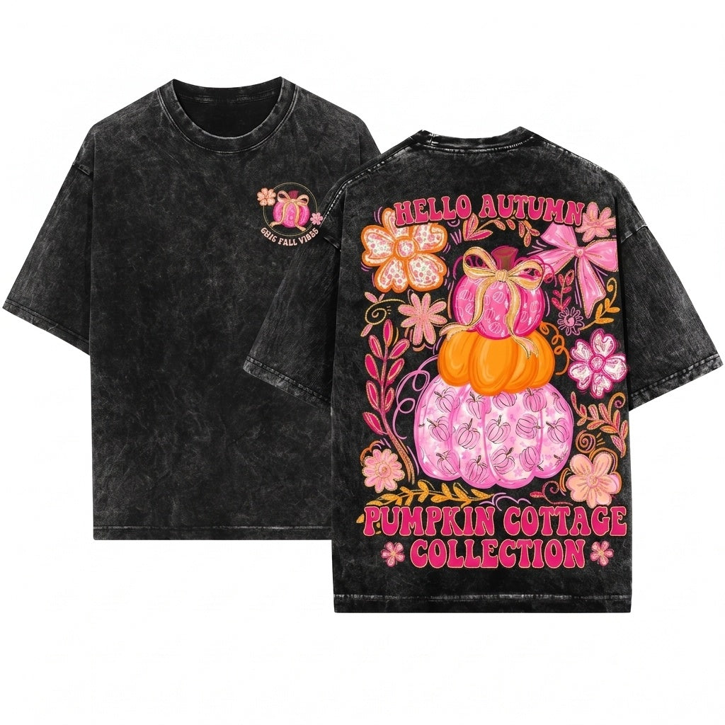 Preppy Glitter Pink Floral Boho Colorful Trendy Thanksgiving Pumpkin Season Unisex Wash T-Shirt