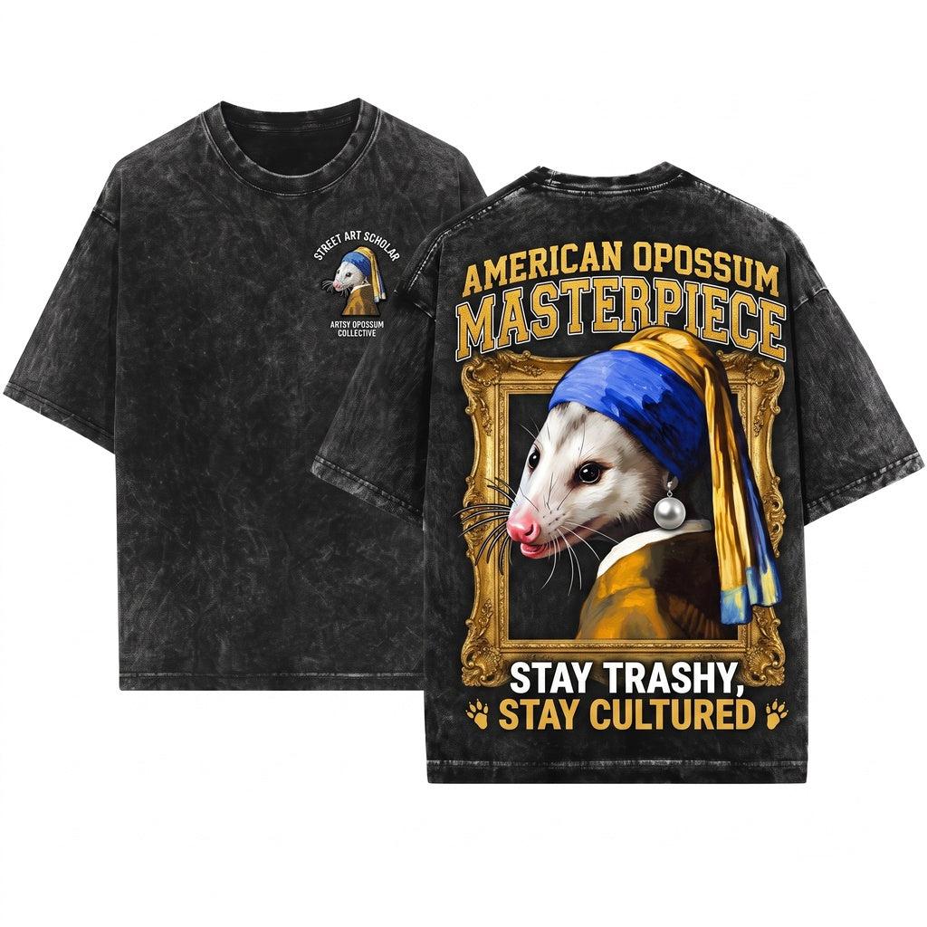 Opossum Girl with a Pearl Earring Painting Fine Art Graphic Apparel Unisex Wash T-Shirt