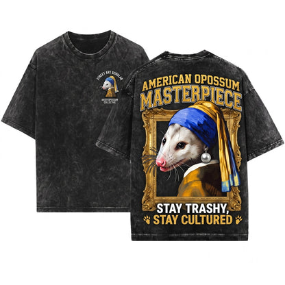 Opossum Girl with a Pearl Earring Painting Fine Art Graphic Apparel Unisex Wash T-Shirt