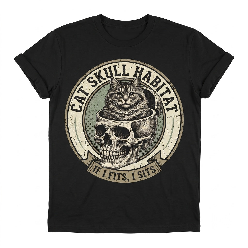If It Fits I Sits Black Cat Skull Gothic Meme Dark Humor Identity Graphic Unisex TShirt
