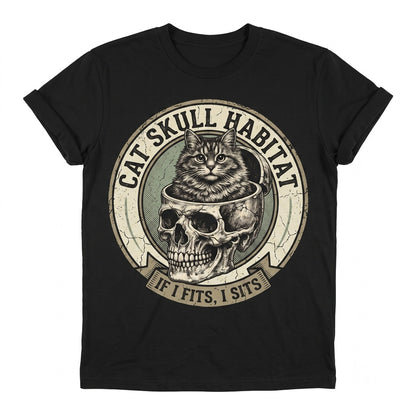 If It Fits I Sits Black Cat Skull Gothic Meme Dark Humor Identity Graphic Unisex TShirt