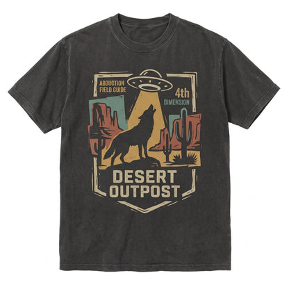 Vintage UFO Alien Abduction Graphic Retro Southwest Desert Cactus Howling Wolf Gift Unisex TShirt