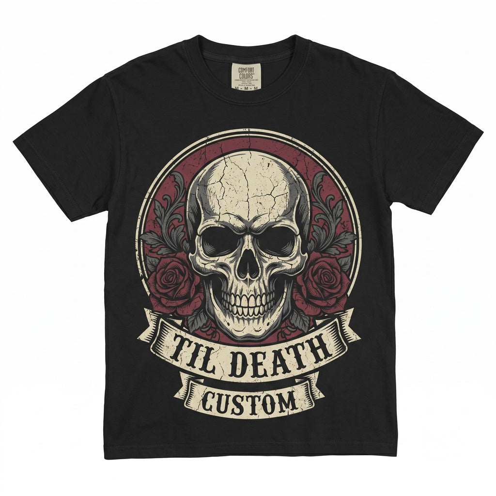 Personalized Til Death Date Gothic Skull Roses Floral Skeleton Lover Wedding Gift Unisex TShirt