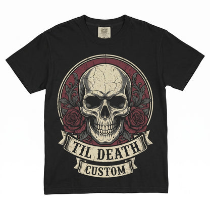 Personalized Til Death Date Gothic Skull Roses Floral Skeleton Lover Wedding Gift Unisex TShirt