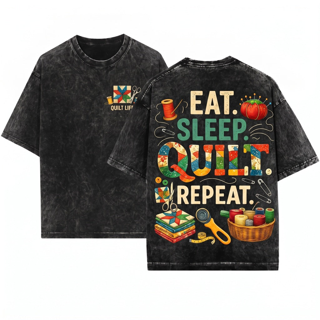 Eat Sleep Quilt Repeat Vintage Crafting Hobby Illustration Cotton Fabric Everyday Wear Unisex Wash T-Shirt