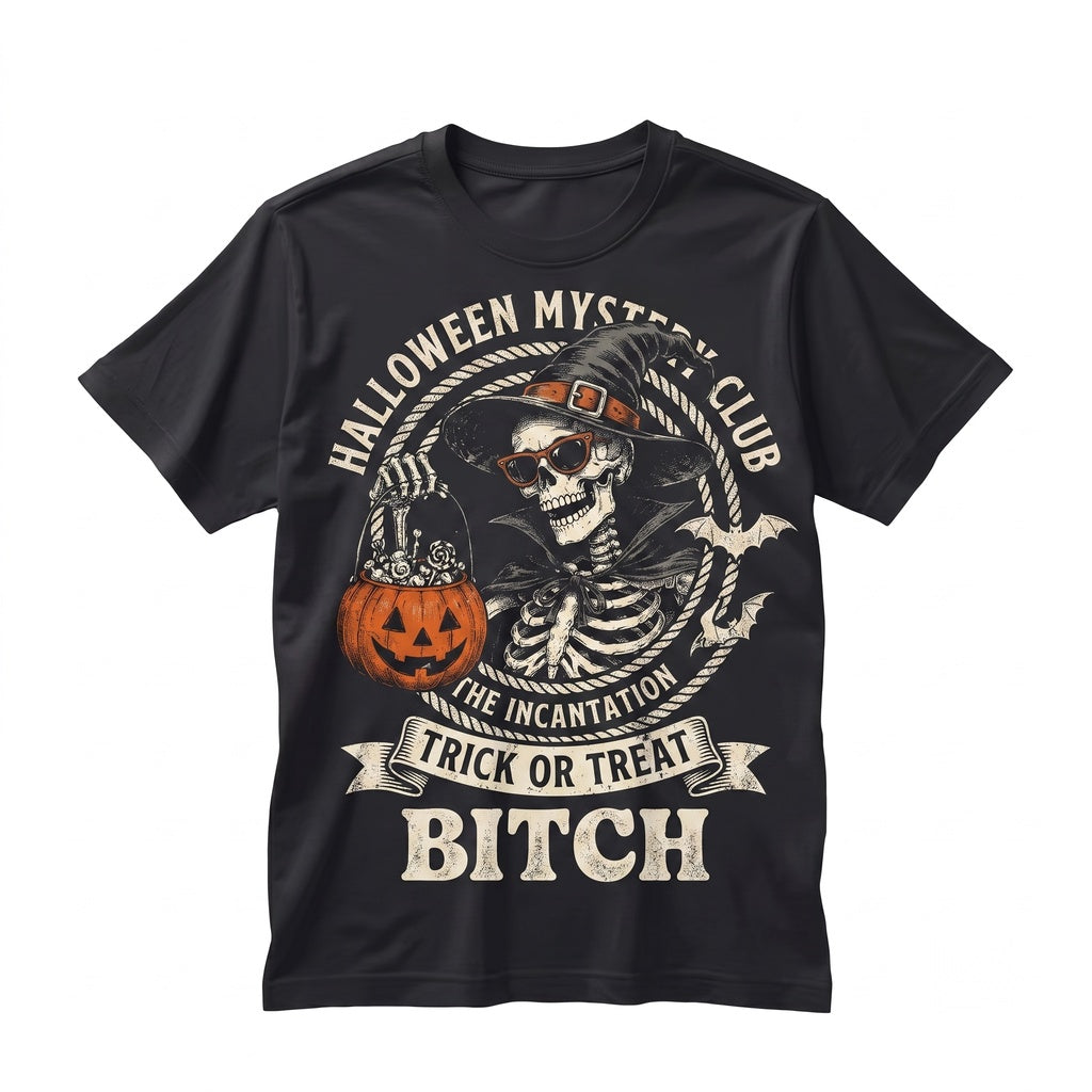 Funny Trick Or Treat Halloween Vintage Witch Skeleton Graphic Spooky Season Gift Unisex TShirt