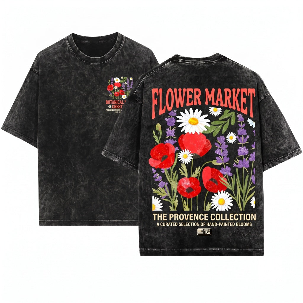 Provence Botanical Flower Market Graphic Poppies Daisies Unisex Wash T-Shirt