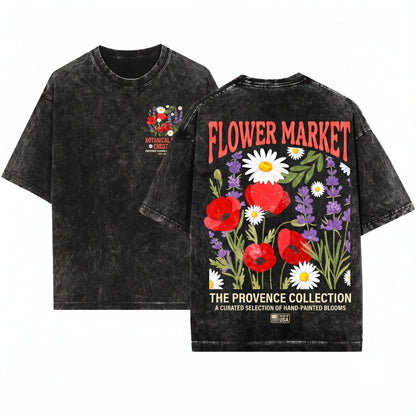 Provence Botanical Flower Market Graphic Poppies Daisies Unisex Wash T-Shirt