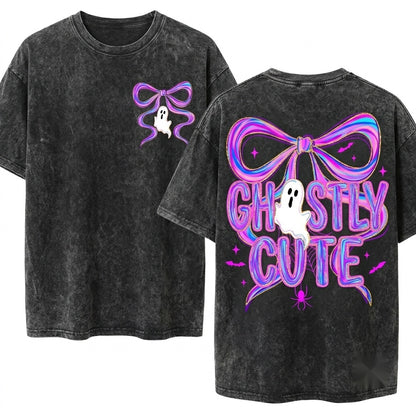 Cute Custom Halloween Spooky Ghost Brushstroke Boo Bow Toddler Preppy Neon Graphic Name Digital Art Design Unisex Wash T-Shirt