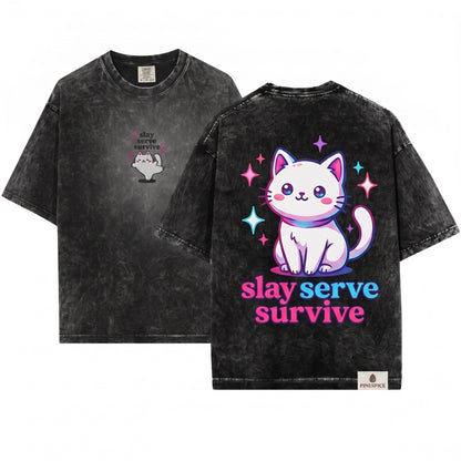 Slay Serve Survive Funny Sparkly Sassy Chaotic Embroidered Cat Gift Unisex Wash T-Shirt