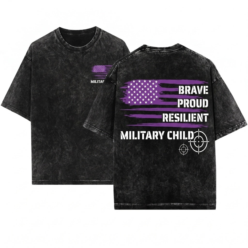 Purple Up Military Child Month Proud Brave Resilient American Flag Graphic Armed Forces Family Support Unisex Wash T-Shirt