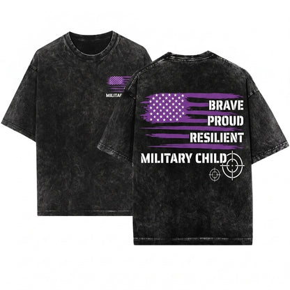 Purple Up Military Child Month Proud Brave Resilient American Flag Graphic Armed Forces Family Support Unisex Wash T-Shirt