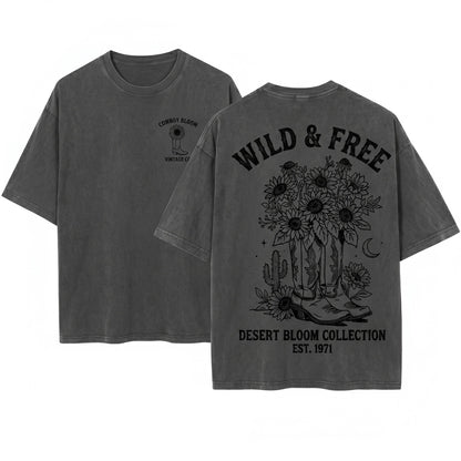 Floral Cowboy Boots Western Country Vintage Graphic Unisex Wash T-Shirt