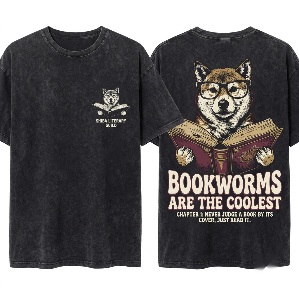 Shiba Inu Reading Bookworm Dog Librarian Mom Dad Gift Unisex Wash T-Shirt