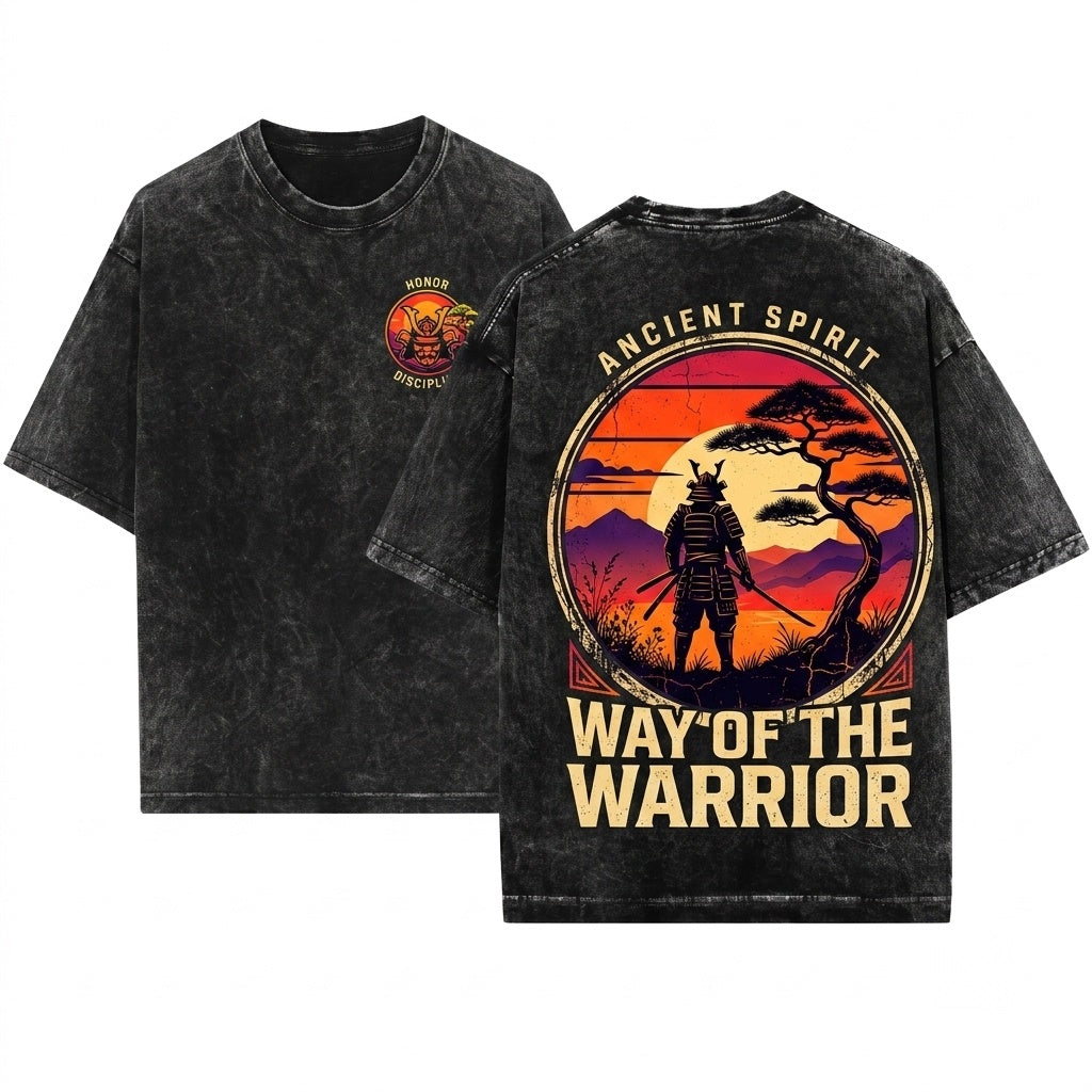 Japanese Samurai Retro Sunset Warrior Graphic Unisex Wash T-Shirt