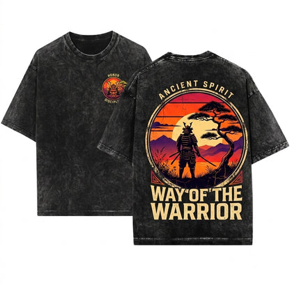 Japanese Samurai Retro Sunset Warrior Graphic Unisex Wash T-Shirt