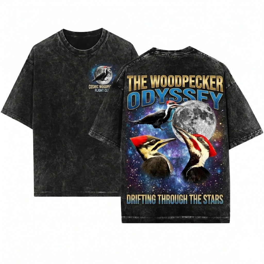 Here's my take Three Pileated Woodpecker Moon Vintage Galaxy Cosmic Birder Space Animal Graphic Unisex Wash T-Shirt