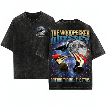 Here's my take Three Pileated Woodpecker Moon Vintage Galaxy Cosmic Birder Space Animal Graphic Unisex Wash T-Shirt