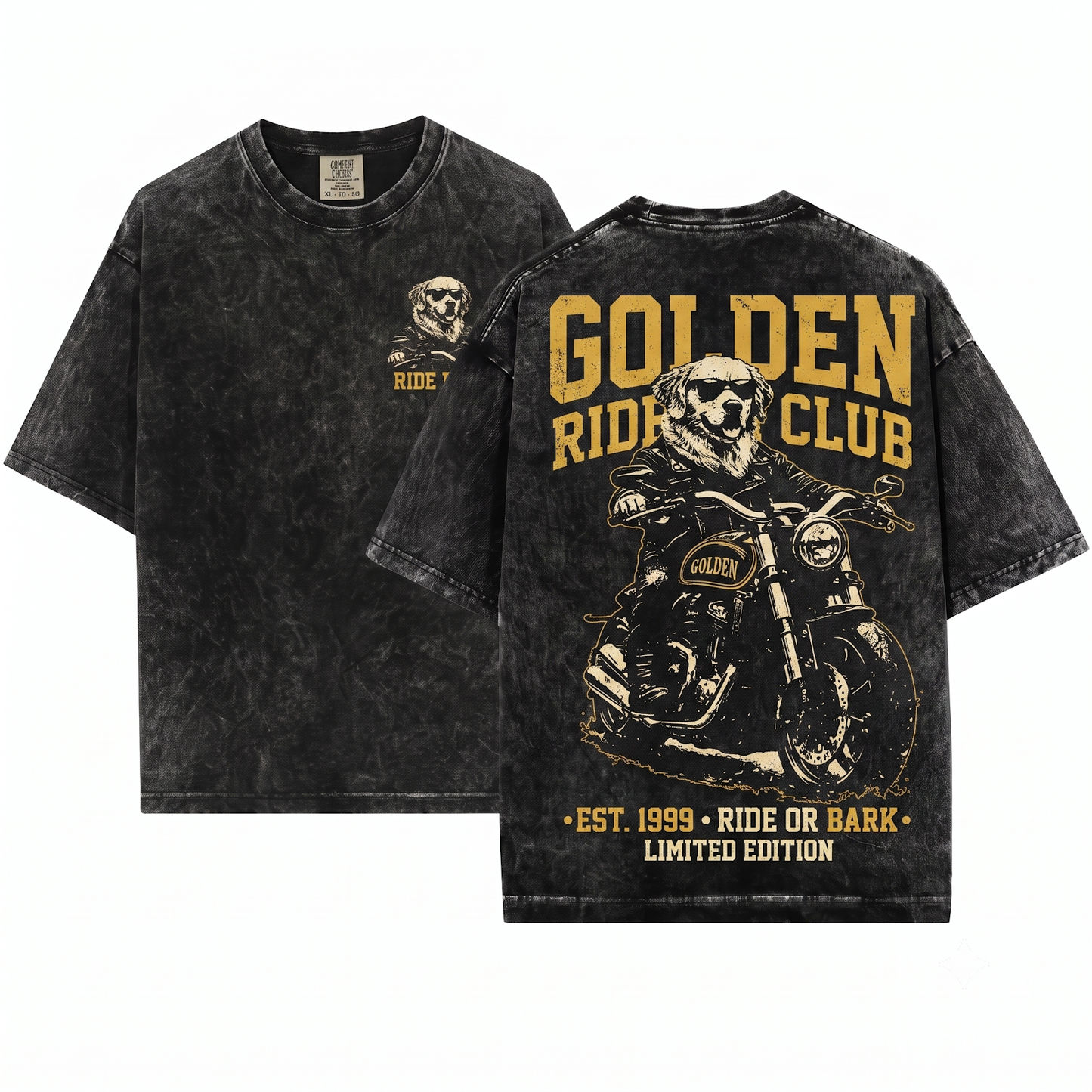 Retro Golden Retriever Riding Motorcycle Shirt Funny Biker Dog Mom Dad Gift Unisex Heavyweight Garment-Dyed T-Shirt