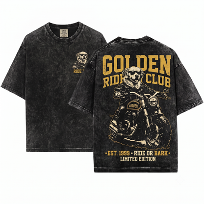 Retro Golden Retriever Riding Motorcycle Shirt Funny Biker Dog Mom Dad Gift Unisex Heavyweight Garment-Dyed T-Shirt