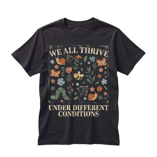 Autism Acceptance SPED Teacher Quote We All Thrive Under Different Conditions Neurodiversity Inclusion Gift Unisex TShirt