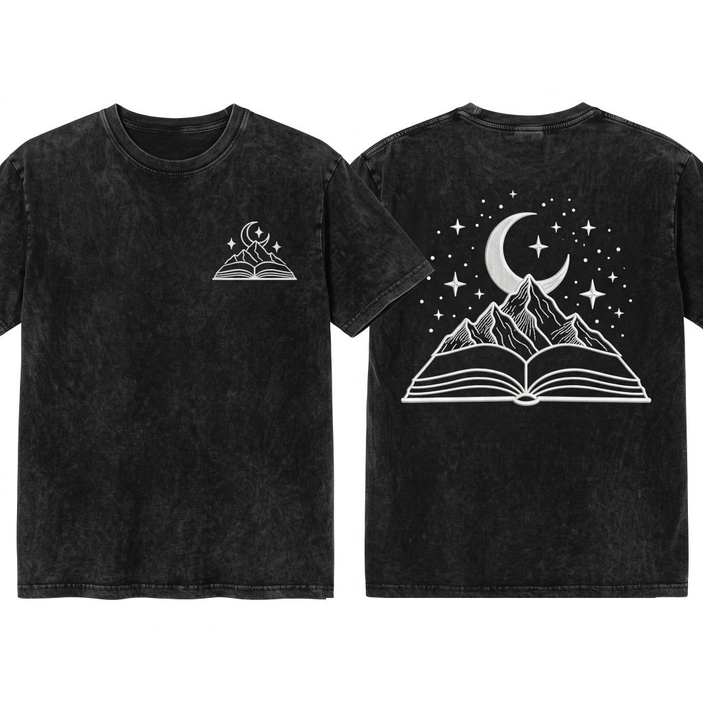 Embroidered Open Book Lover Gift Top Graphic Heavyweight Cotton Vintage Retro Fashion Casual Apparel Clothing Unisex Wash T-Shirt