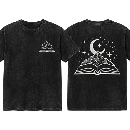 Embroidered Open Book Lover Gift Top Graphic Heavyweight Cotton Vintage Retro Fashion Casual Apparel Clothing Unisex Wash T-Shirt