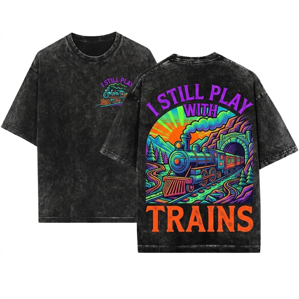 Vintage Steam Train Locomotive Railroad Fan Soft Cotton Graphic Unisex Wash T-Shirt