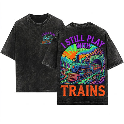Vintage Steam Train Locomotive Railroad Fan Soft Cotton Graphic Unisex Wash T-Shirt