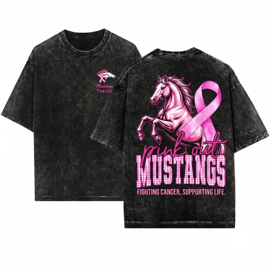 Custom Pink Out Mascot Plaid Varsity Breast Cancer Awareness School Spirit Personalized Team Name Unisex Wash T-Shirt