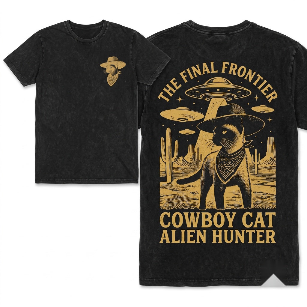 Vintage Western Cowboy Siamese Cat UFO Alien Retro Gift Mom Dad Pet Lover Unisex Wash T-Shirt