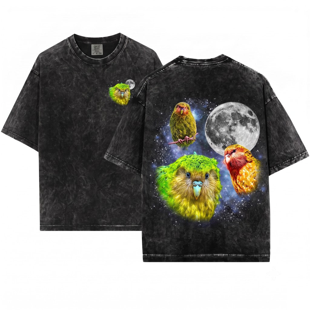 Three Kakapo Moon Retro Vintage Graphic Parrot Funny Oversized Silly Gift Unisex Wash T-Shirt