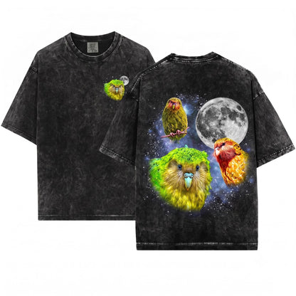 Three Kakapo Moon Retro Vintage Graphic Parrot Funny Oversized Silly Gift Unisex Wash T-Shirt