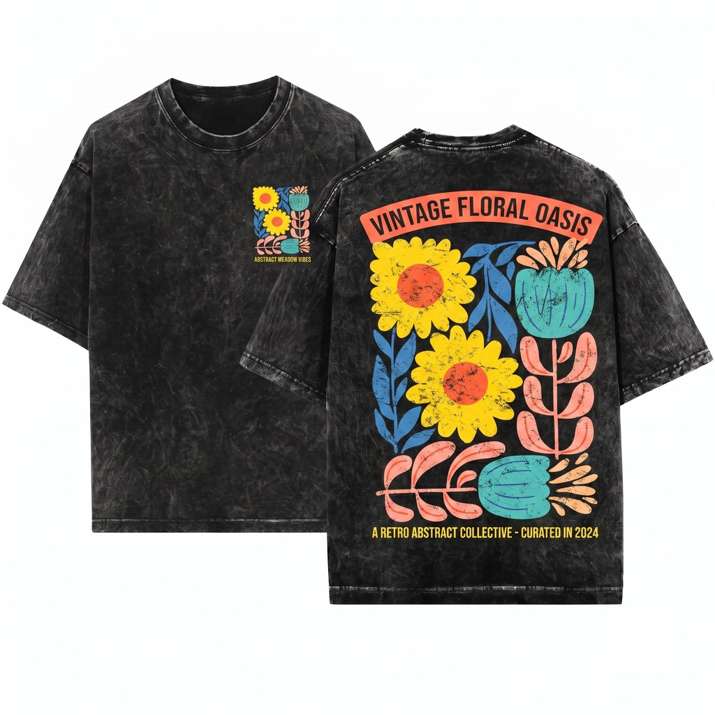 Boho Abstract Floral Graphic Vintage Aesthetic Print Unisex Wash T-Shirt