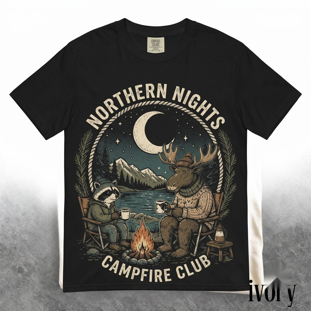 Vintage Camping Wildlife Graphic Moose Raccoon Campfire Cozy Outdoor Adventure Nature Gift Unisex TShirt