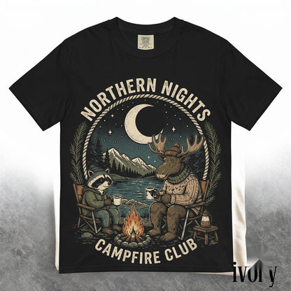 Vintage Camping Wildlife Graphic Moose Raccoon Campfire Cozy Outdoor Adventure Nature Gift Unisex TShirt