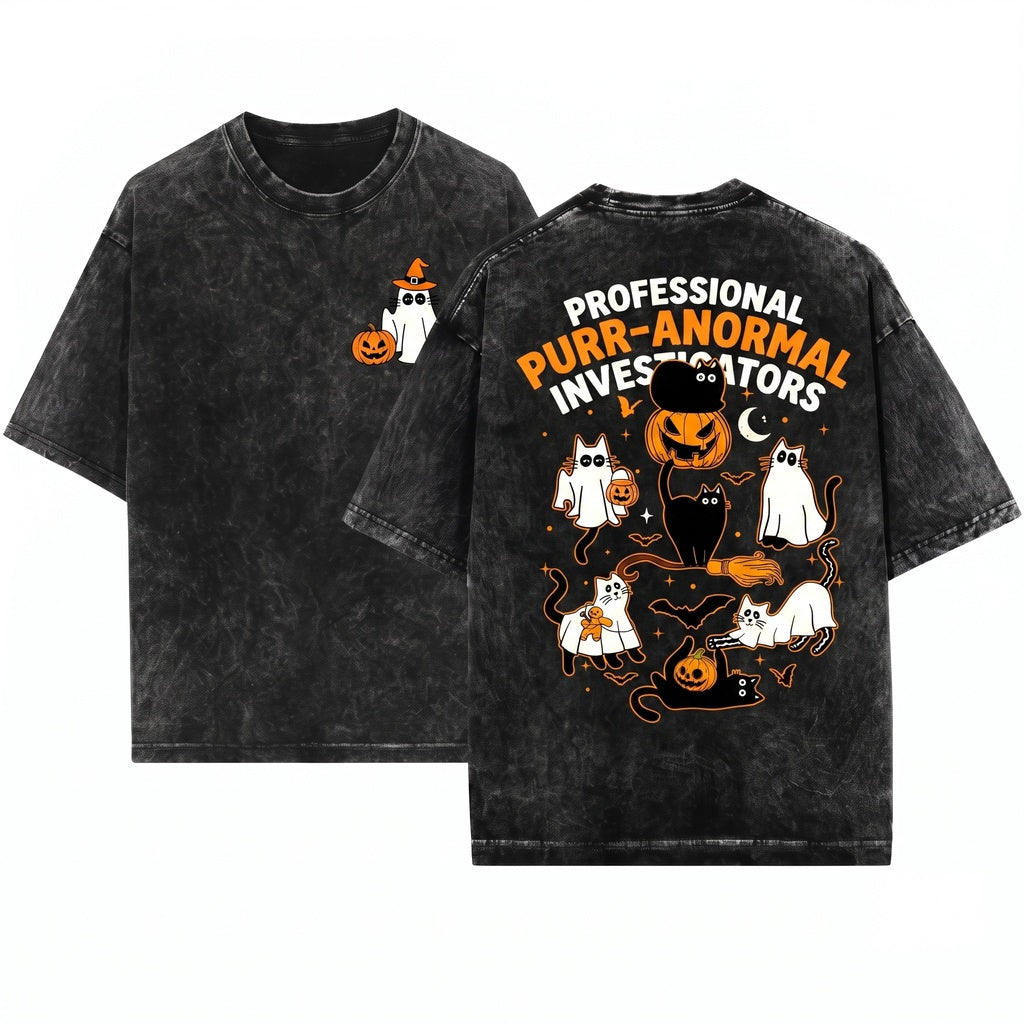 Black Cat Spooky Season Halloween Unisex Wash T-Shirt
