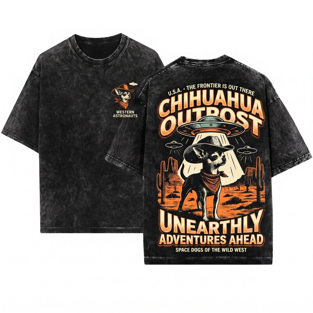 Vintage Chihuahua Alien UFO Cowboy Western Retro Wild West Dog Mom Dad Gift Unisex Wash T-Shirt