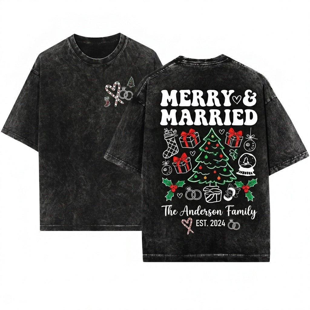Merry Married Newlywed Custom Name Couple Holiday Wedding Xmas Sublimation Line Art Unisex Wash T-Shirt