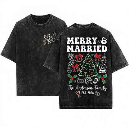 Merry Married Newlywed Custom Name Couple Holiday Wedding Xmas Sublimation Line Art Unisex Wash T-Shirt