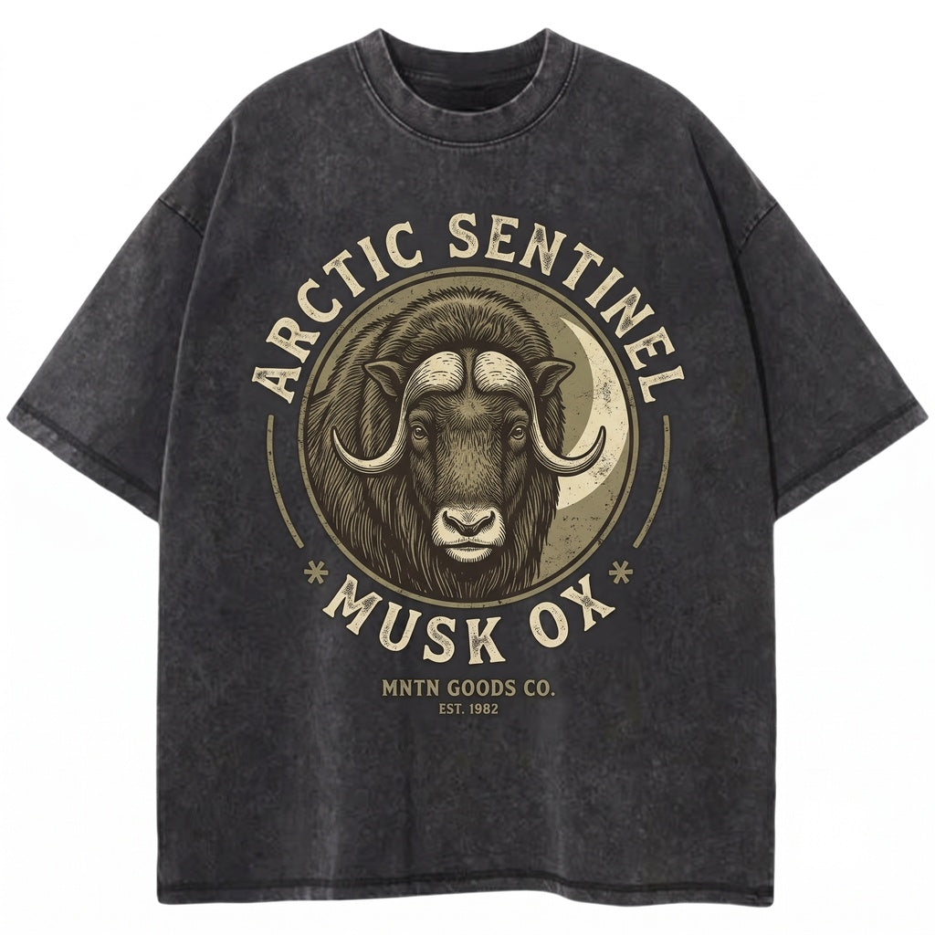Three Muskox Moon Graphic Retro Vintage Funny Washed Animal Bison Wildlife Lovers Gift Unisex TShirt