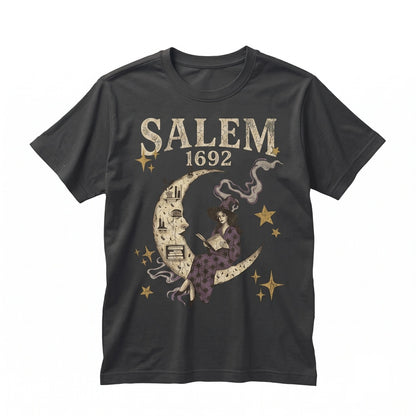 Salem 1692 Witch Reading Moon Celestial Gothic Halloween Apparel Unisex TShirt