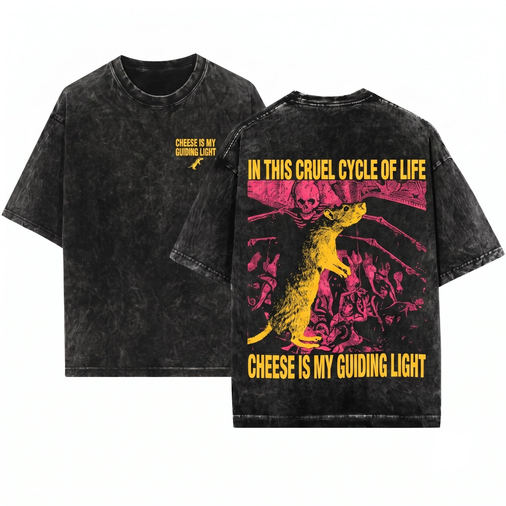 Retro Dinosaur Cheese Is My Guiding Light Graphic Unisex Wash T-Shirt