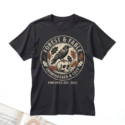 Embroidered Raven Crow Skull Halloween Spooky Fall Gothic Bird Boo Basket Gift Unisex TShirt