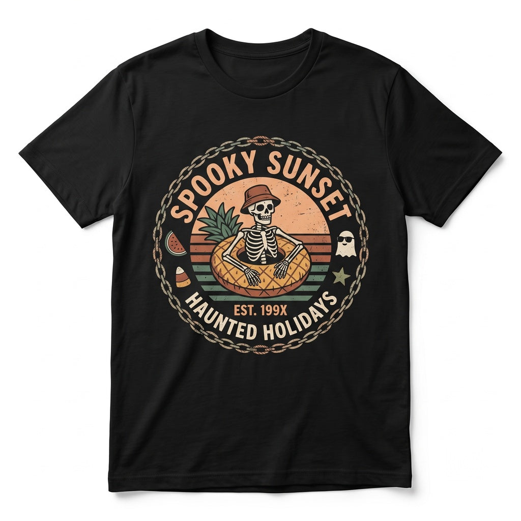 Spooky Sunset Halloween Vacation Skeleton Unicorn Float Ghost Watermelon Black Cat Flamingo Unisex TShirt